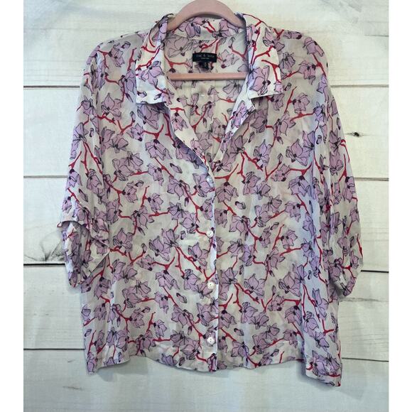 Rag & Bone Top Size MED Short Sleeve Blouse Pink Floral Print Collar - Picture 1 of 7